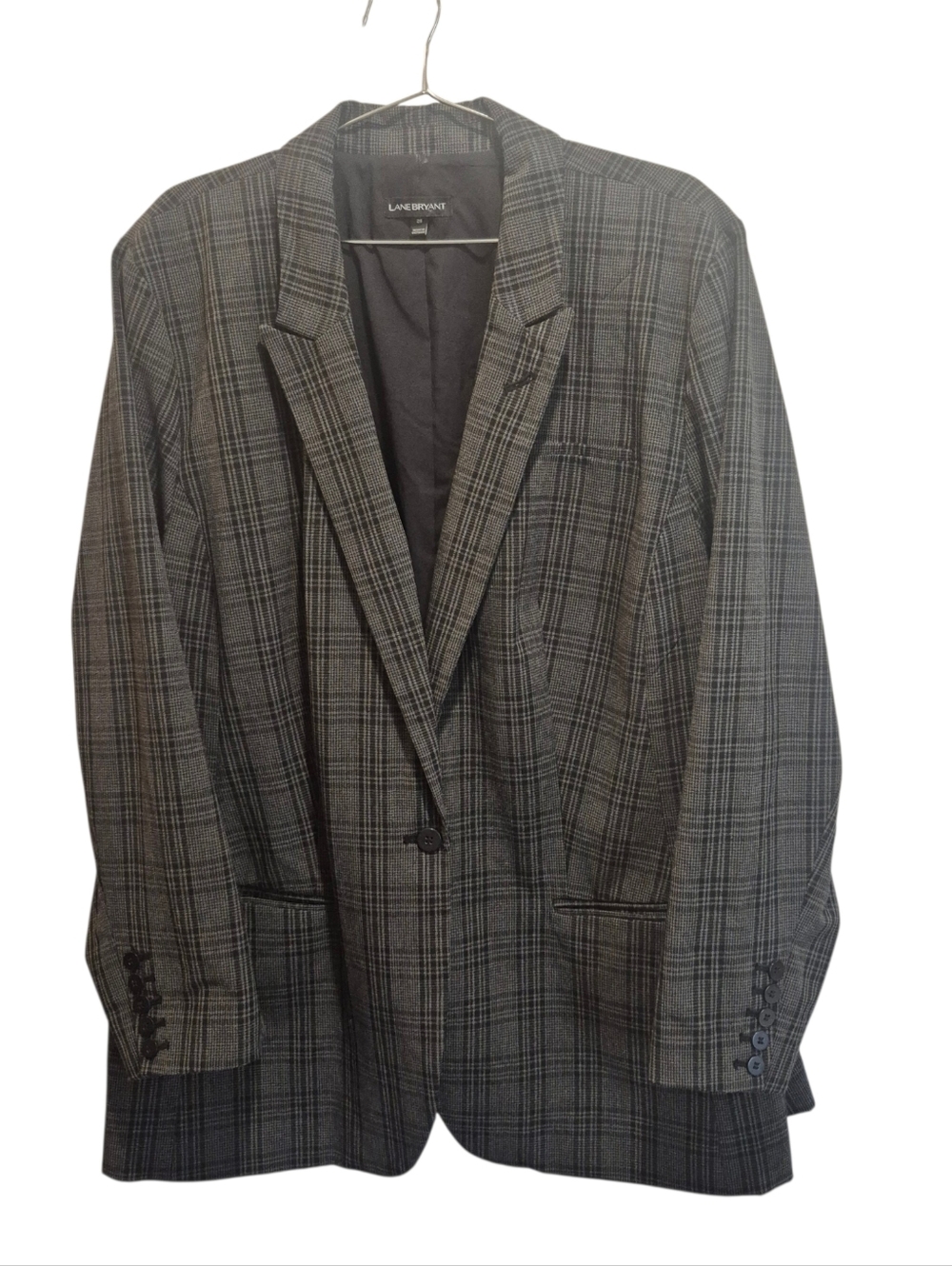 Lane Bryant Size 28 Blazer Jacket Gray And Black Plaid Grid Plus Career
